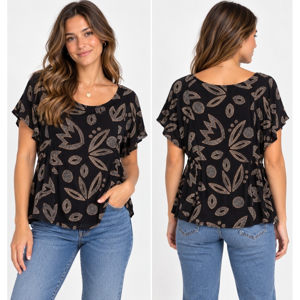 Ann Taylor Factory Navy Blue Pointillist Floral Rayon Blouse XS Short Sleeve Top